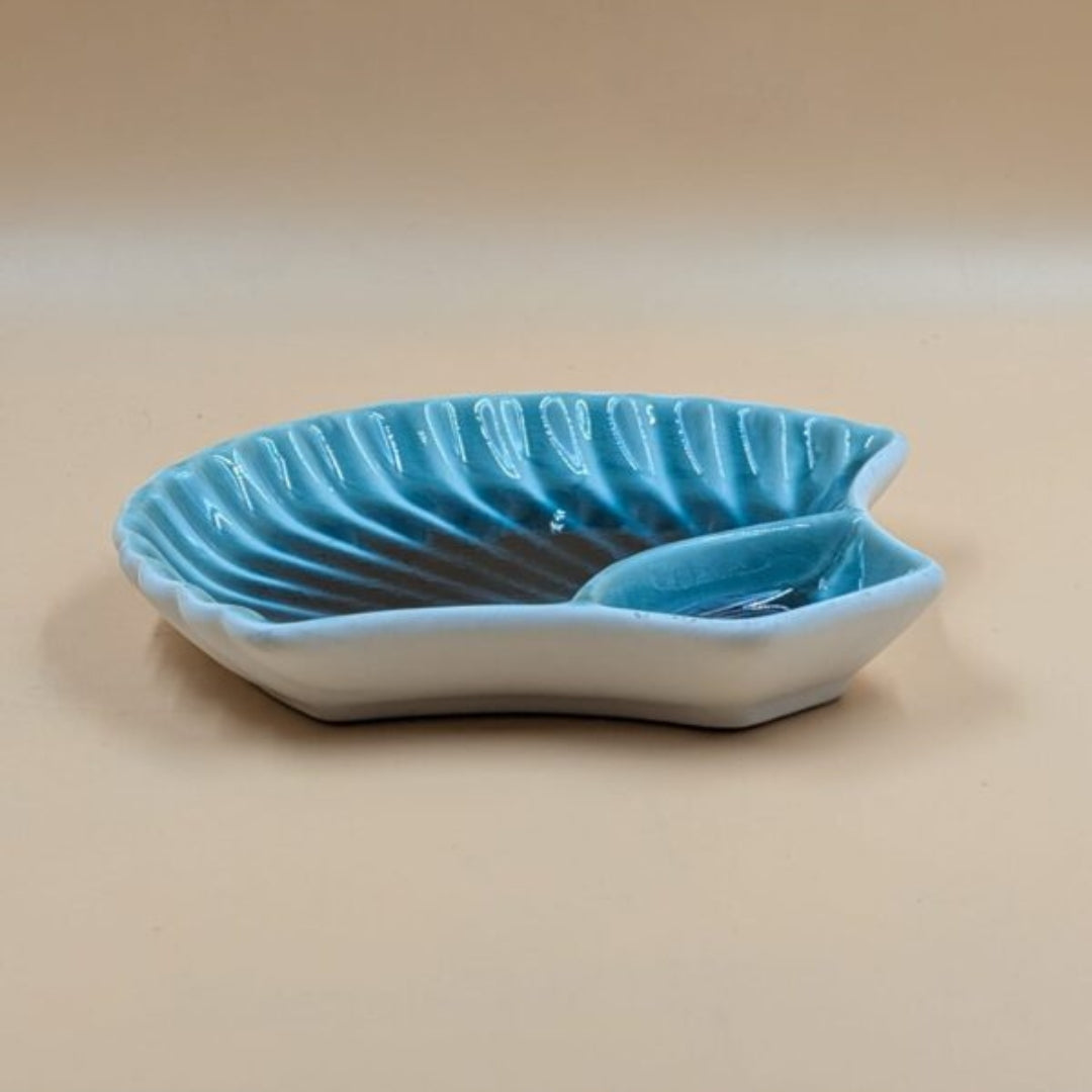 Platter with Built-in Dip Section - Seashell Shape Aqua Blue Glazed