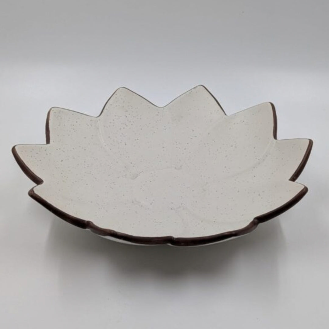 Platter - Flower Petal Shape Off-White Speckled with Dark Rim
