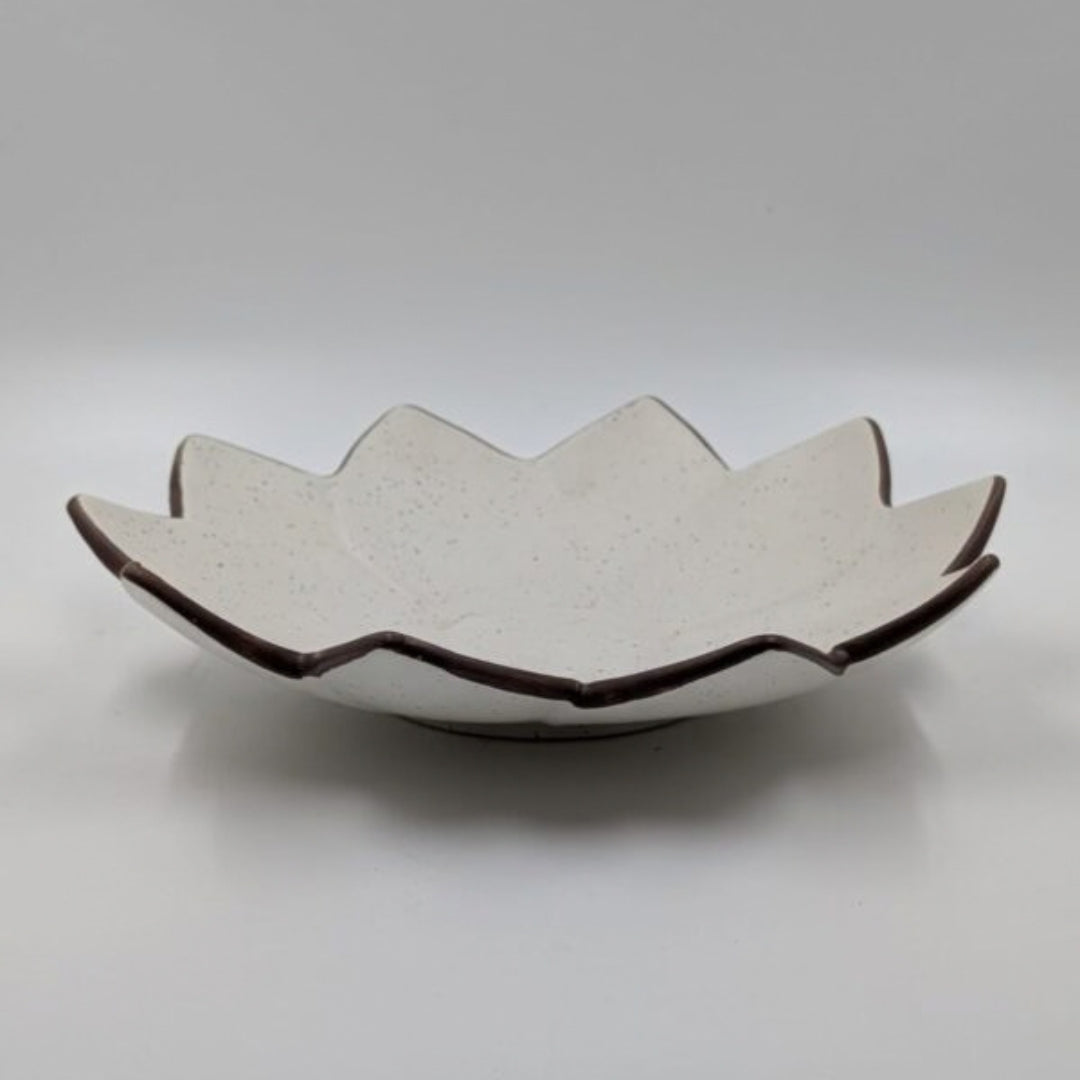 Platter - Flower Petal Shape Off-White Speckled with Dark Rim