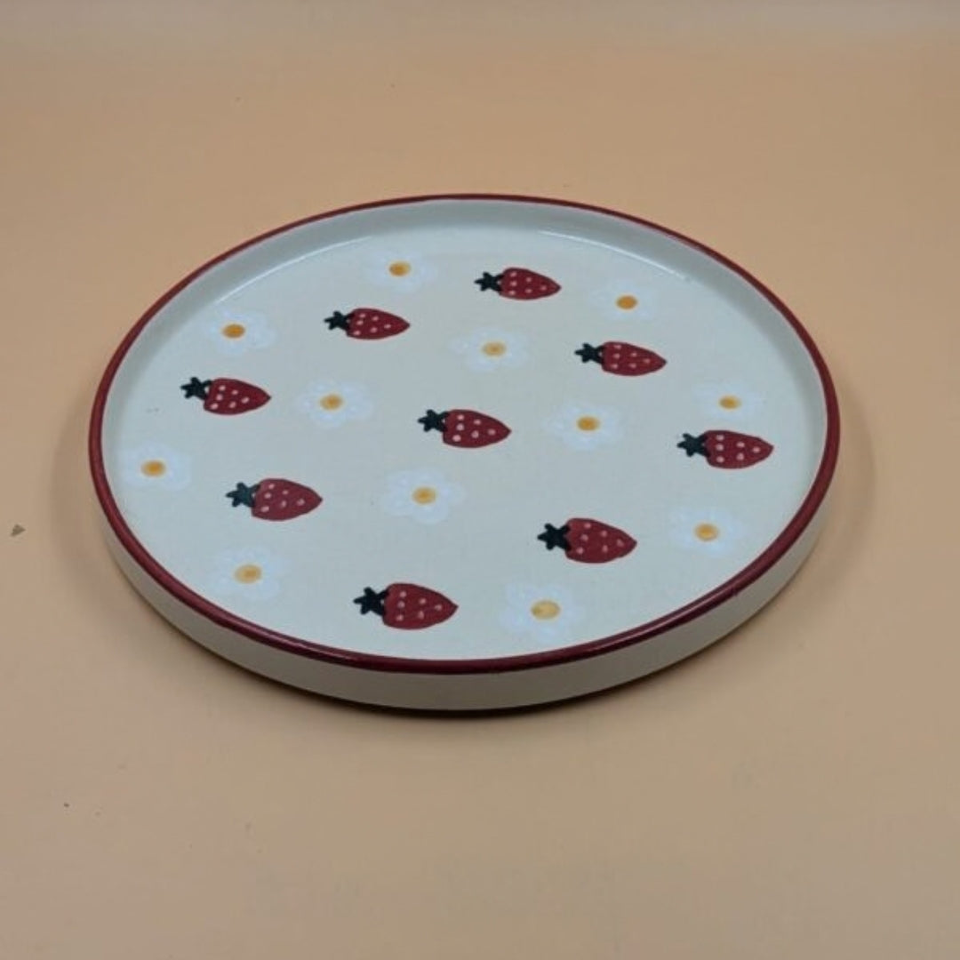 Plate - Strawberry & Daisy Pattern, Red Rim