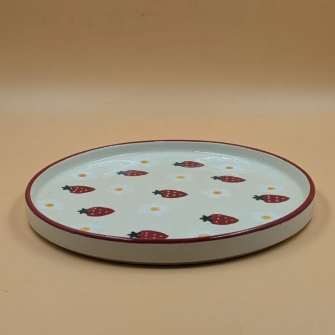 Plate - Strawberry & Daisy Pattern, Red Rim