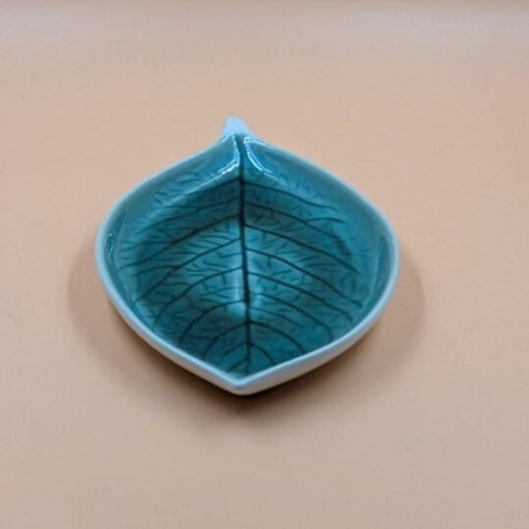 Platter - Leaf Shape Teal Blue Glazed with Leaf Vein Texture