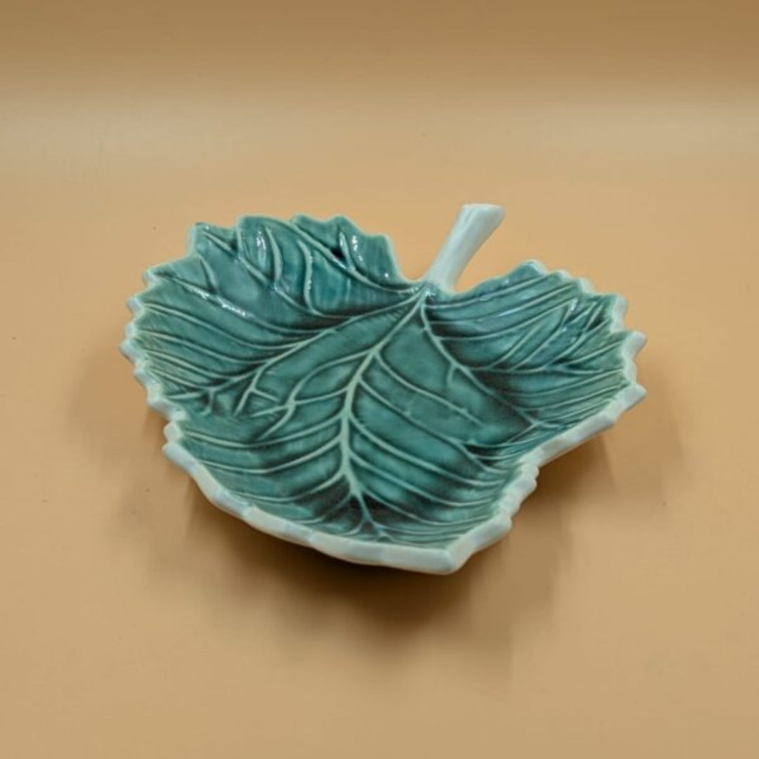 Platter - Carved Leaf Shape Teal Glazed