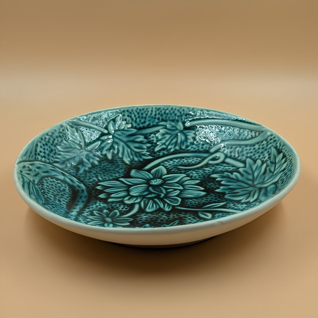 Platter - Round Textured Floral Motif Teal Glazed