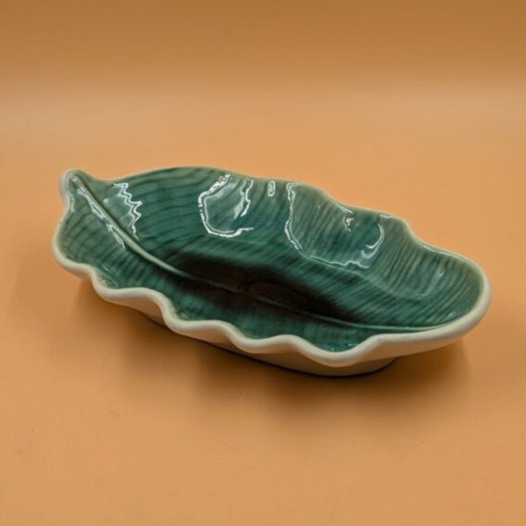 Platter - Wavy Edge Leaf Shape Teal Glazed