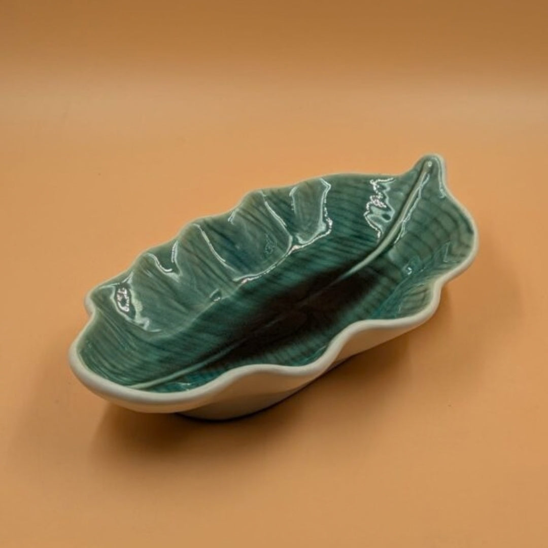 Platter - Wavy Edge Leaf Shape Teal Glazed