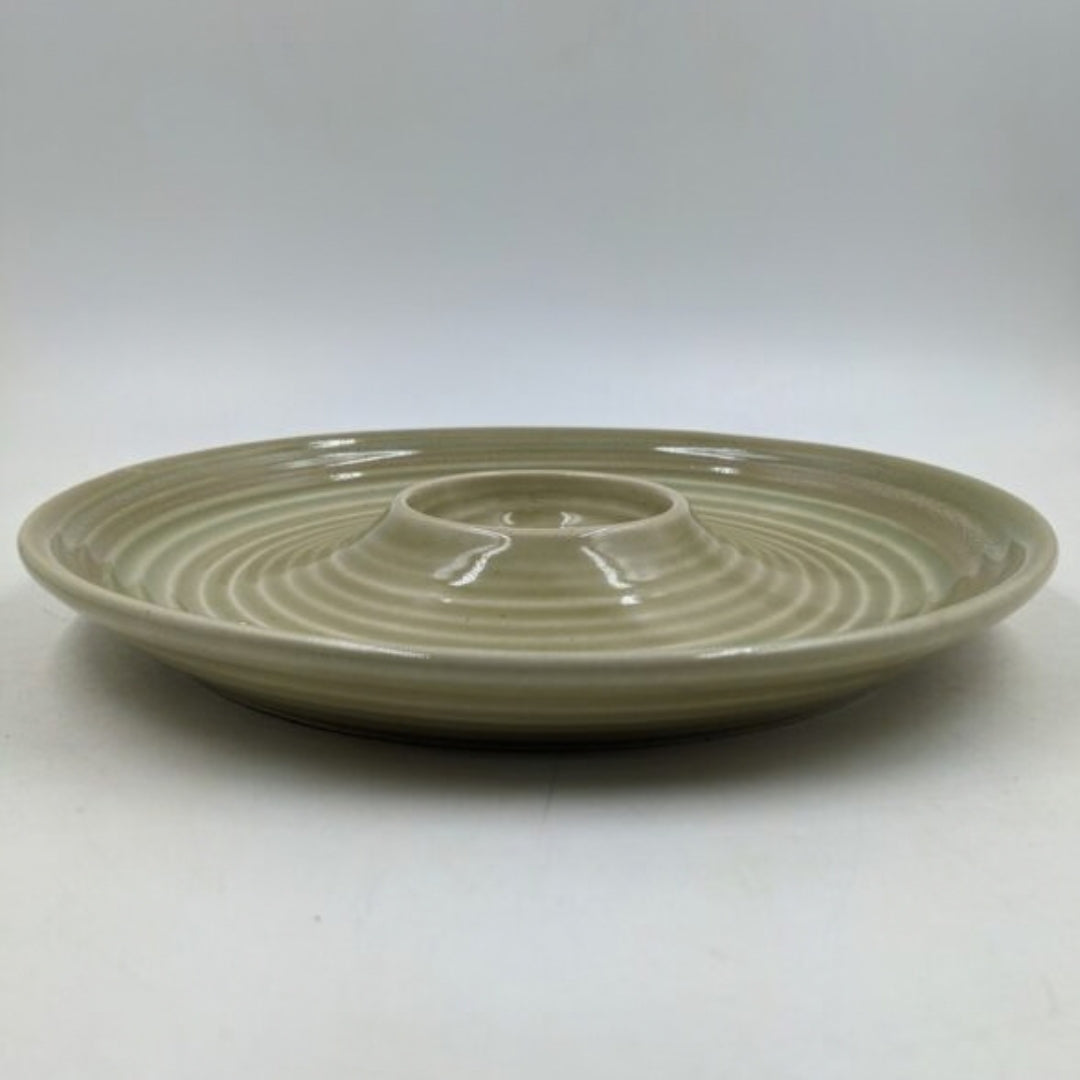 Platter - Chip & Dip Round Olive Green Spiral Pattern