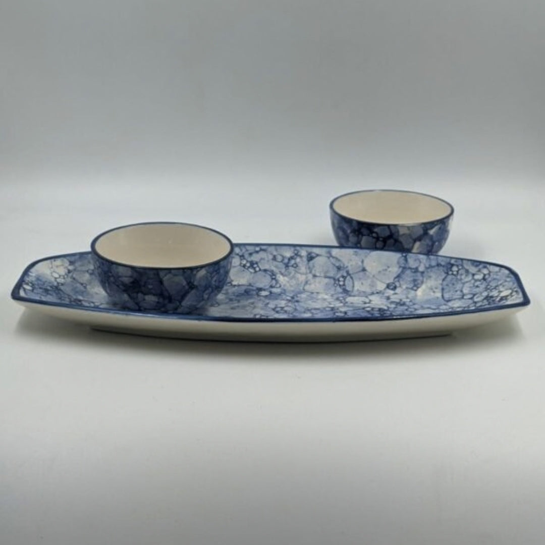 Platter Set with 2 Dip Bowls - Long Blue Bubble Pattern