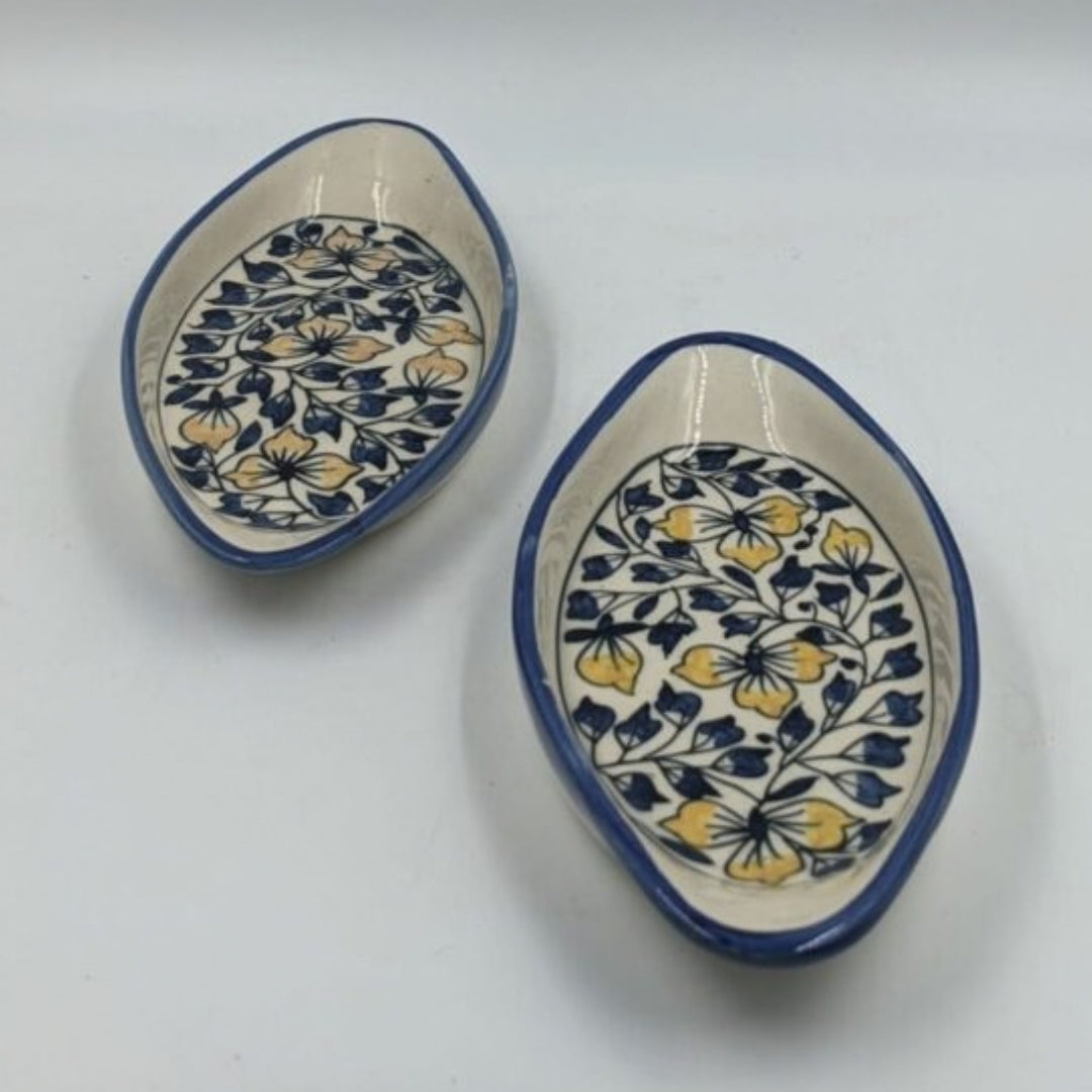 Platter Set of 2 - Boat Shaped Blue & Yellow Floral Pattern