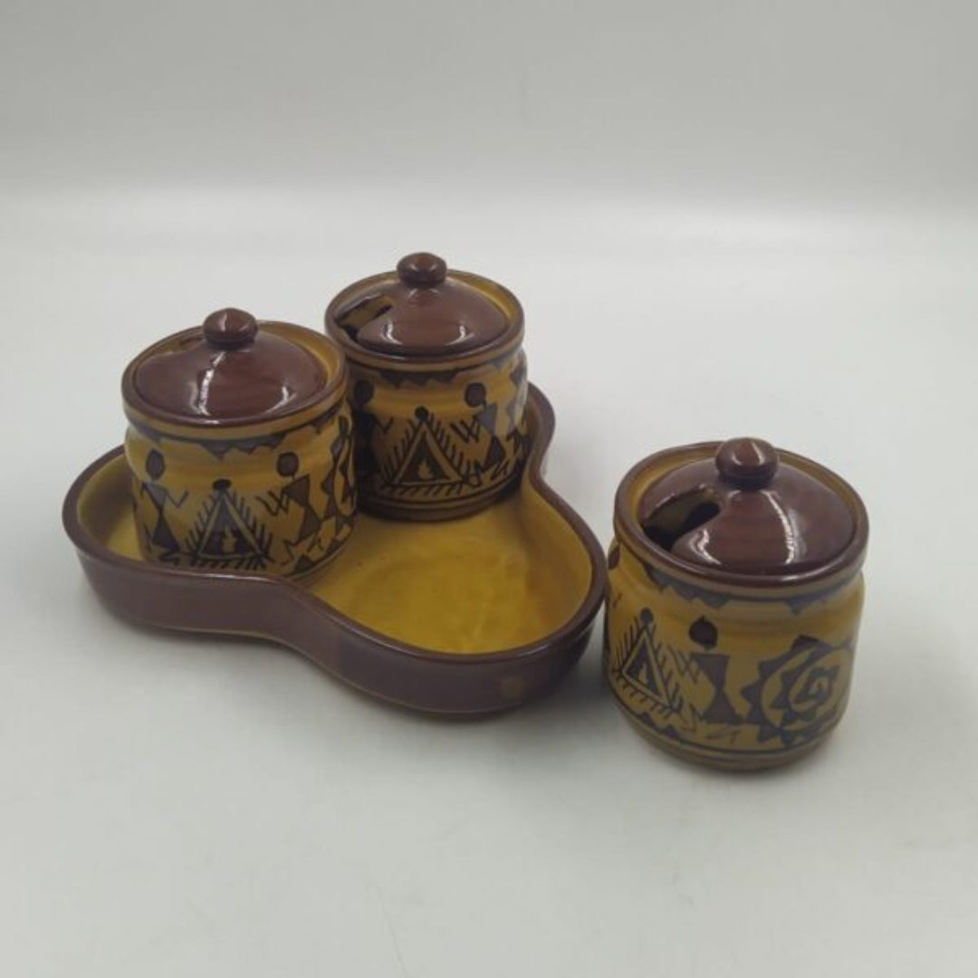 Pickle Jars Set - 1 Tray & 3 Pickle Jars, Handpainted Warli Design