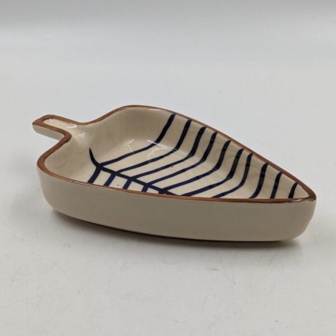 Platter - Leaf Shape Handpainted Blue Stripe Pattern with Brown Rim