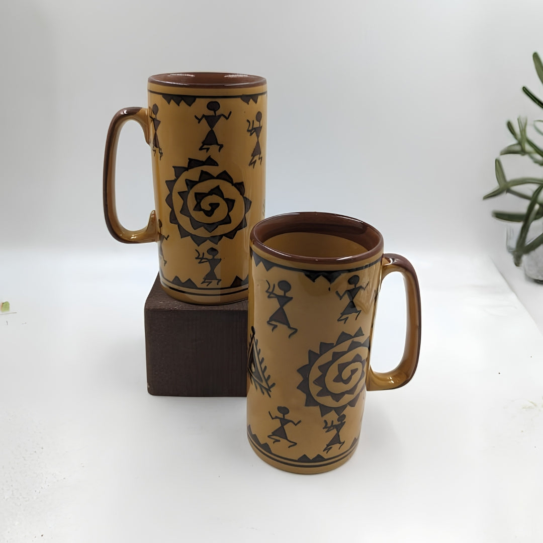 Big Mugs - Set of 2, Handpainted Mustard & Brown Tribal Art