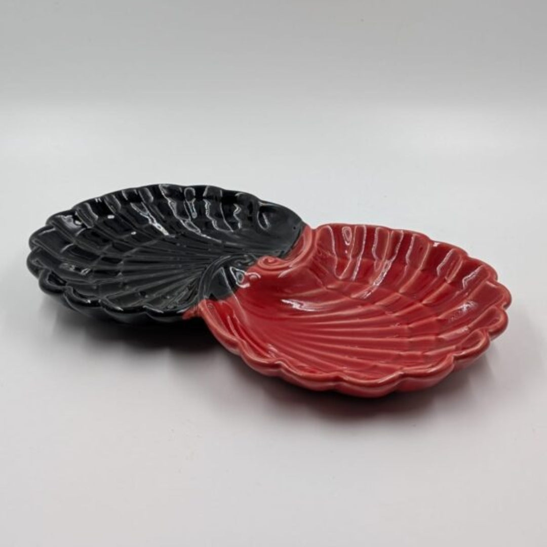 Platter - Twin Shell Shape Dual Tone Black & Red Glazed