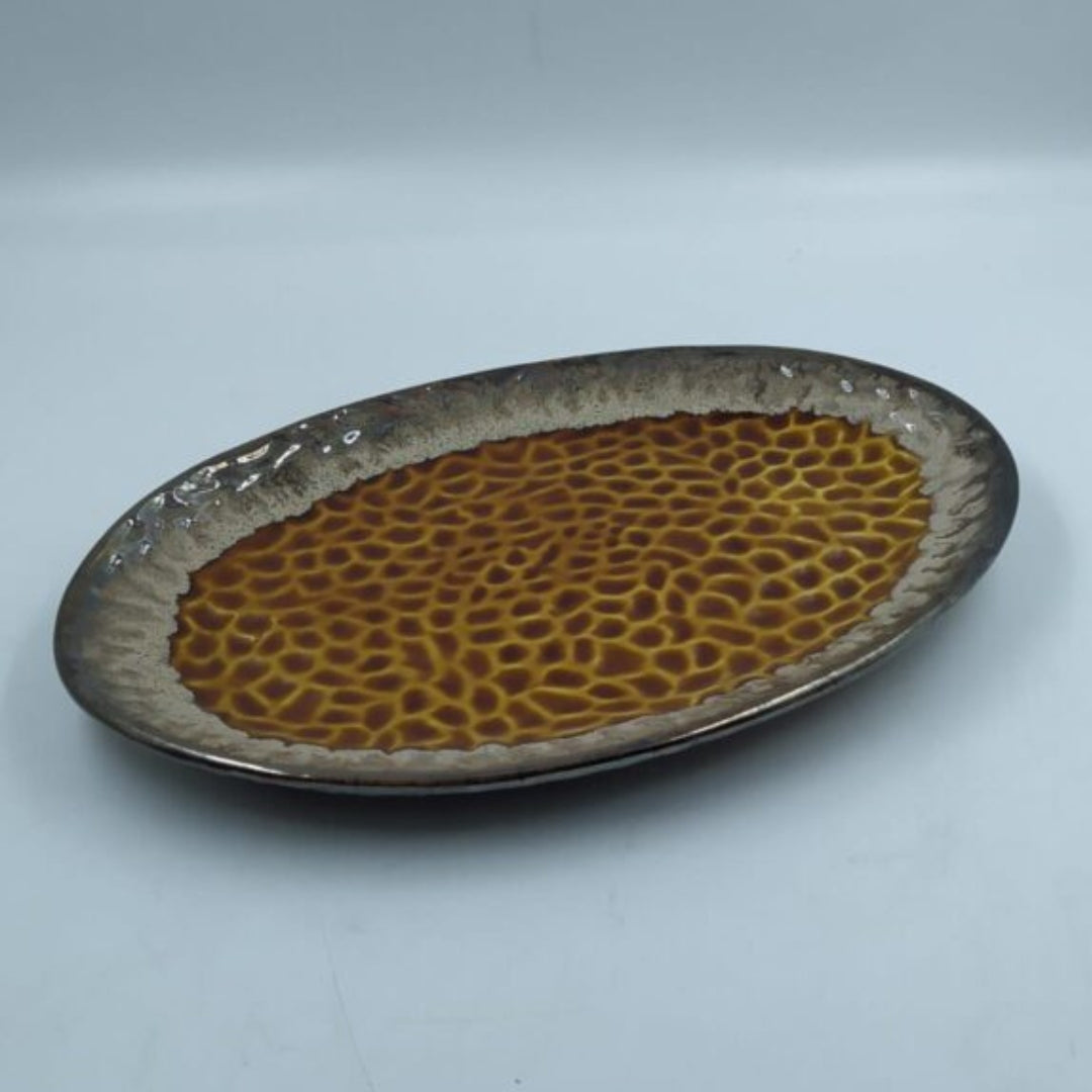 Platter - Large Oval Mustard Pebble Textured Pattern with Dark Rim