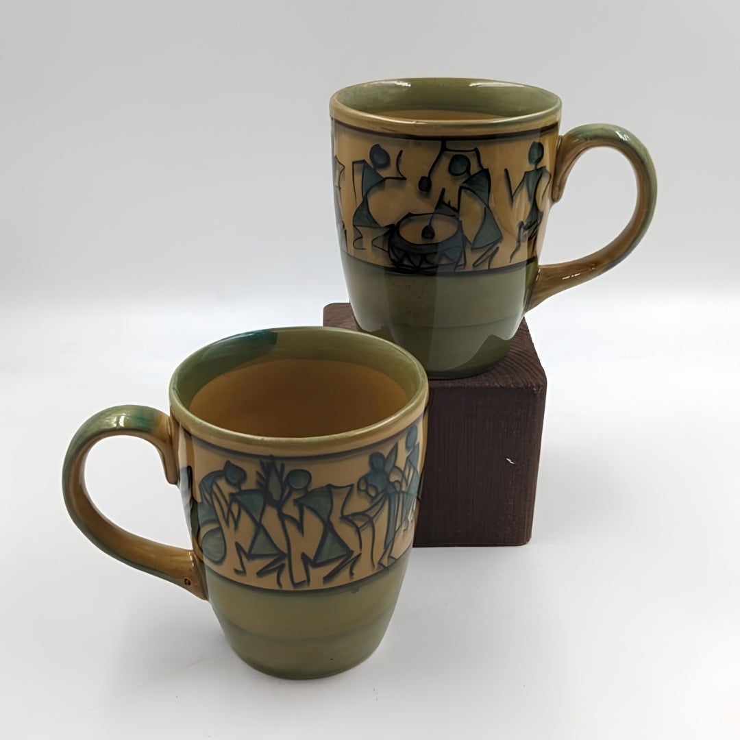 Coffee Mugs - Set of 2, Handpainted Olive Green & Brown Tribal Art