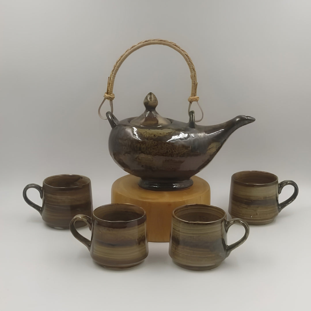 Tea Set - Kettle & 4 Cups, Brown
