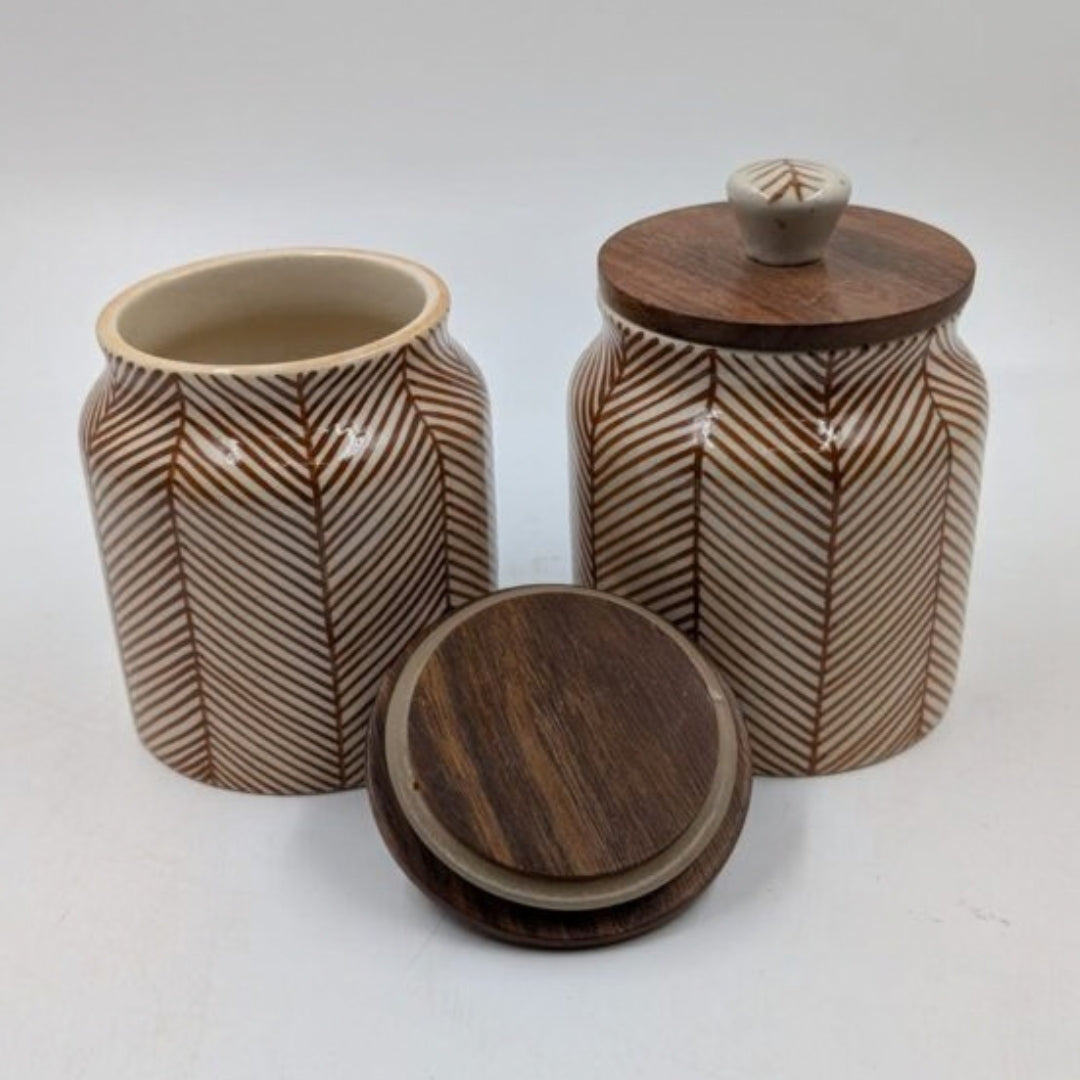 Airtight Jars with Wooden Lid - Brown Lines Herringbone Pattern