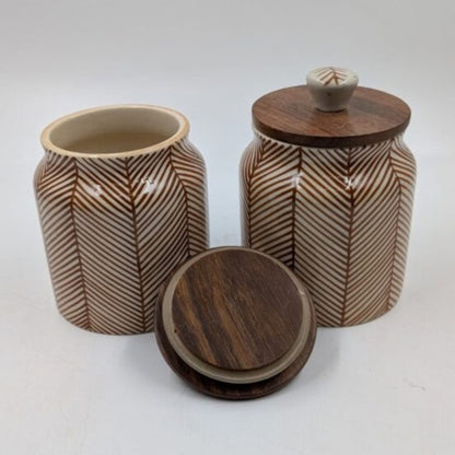 Airtight Jars with Wooden Lid - Brown Lines Herringbone Pattern