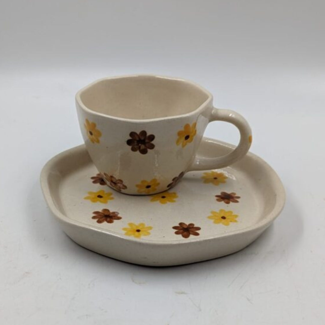 Ceramic Cup & Plate Set - Yellow & Brown Floral