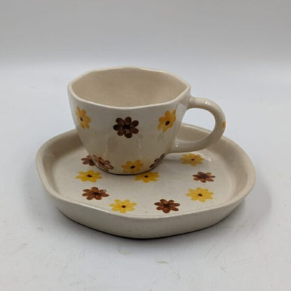 Ceramic Cup & Plate Set - Yellow & Brown Floral