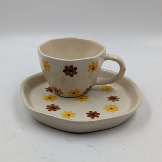 Ceramic Cup & Plate Set - Yellow & Brown Floral