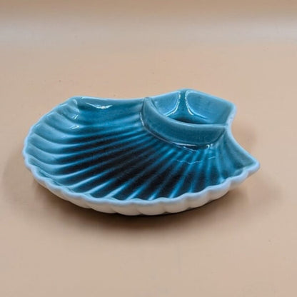 Platter with Built-in Dip Section - Seashell Shape Aqua Blue Glazed