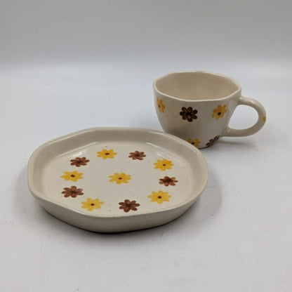 Ceramic Cup & Plate Set - Yellow & Brown Floral