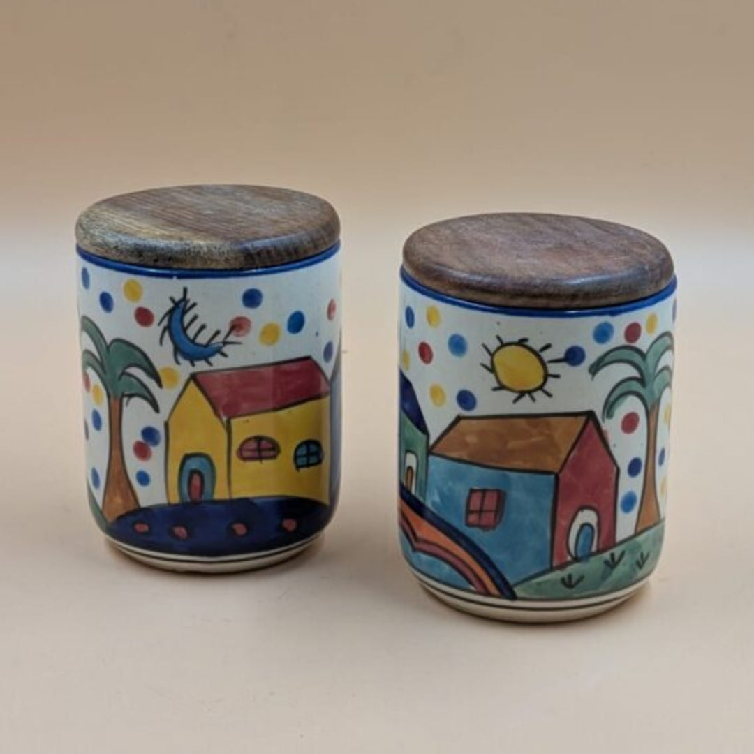 Ceramic Airtight Jars with Wooden Lid - Village Huts & Landscape