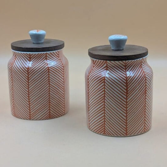 Airtight Jars with Wooden Lid - Red Lines Herringbone Pattern