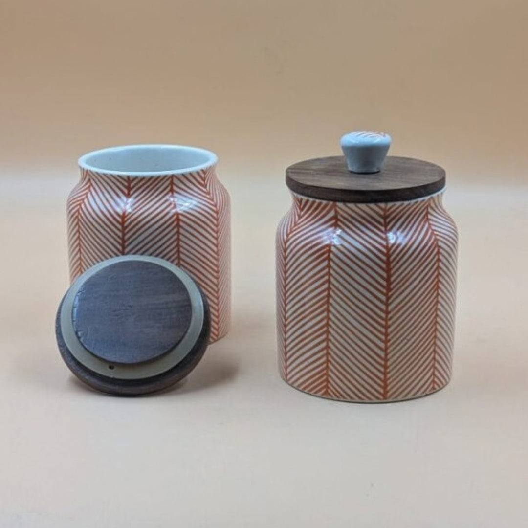 Airtight Jars with Wooden Lid - Red Lines Herringbone Pattern