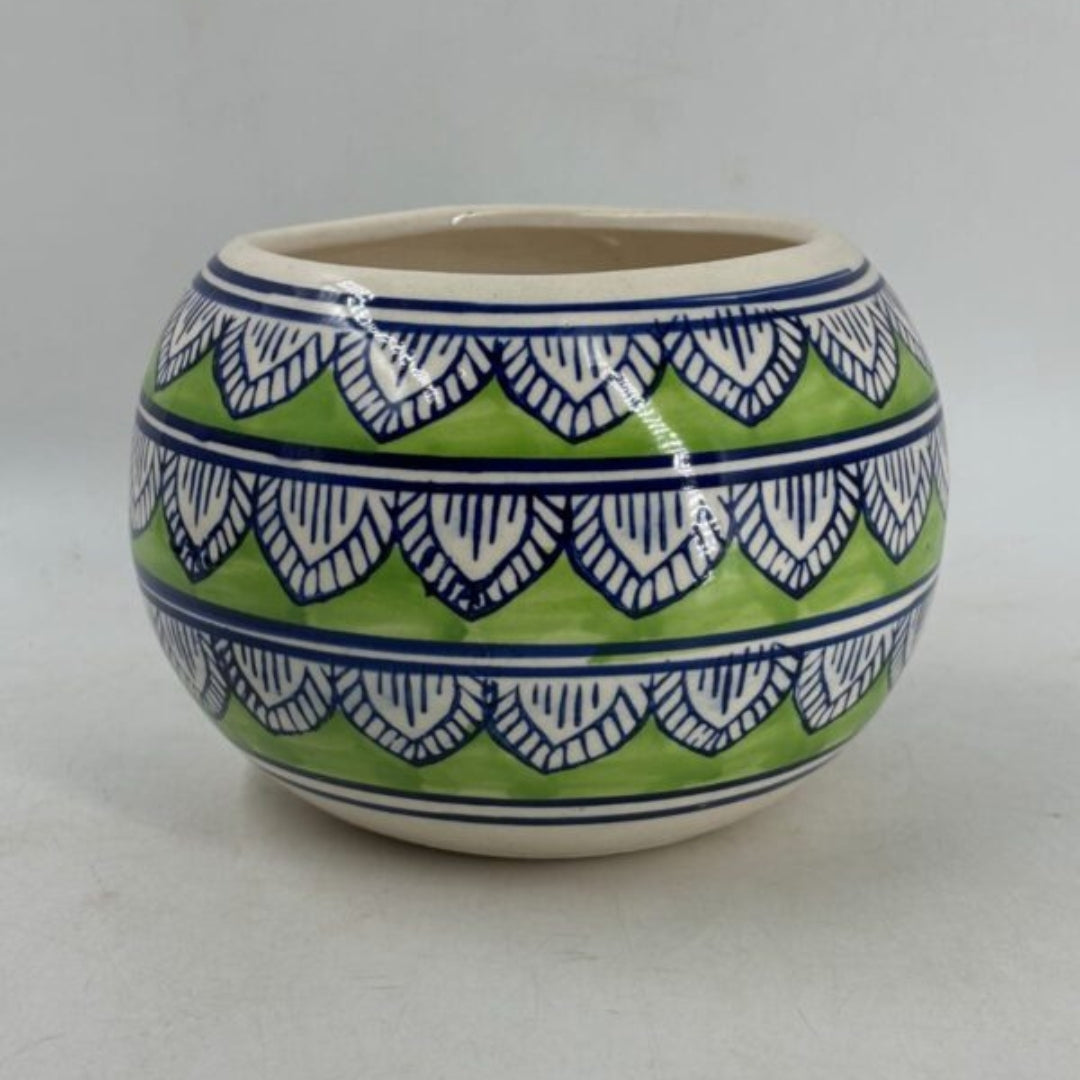 Planter - Round Lime Green & Cobalt Blue Bowl Pot with Scalloped Petal Moti