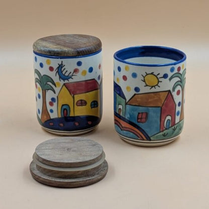 Ceramic Airtight Jars with Wooden Lid - Village Huts & Landscape