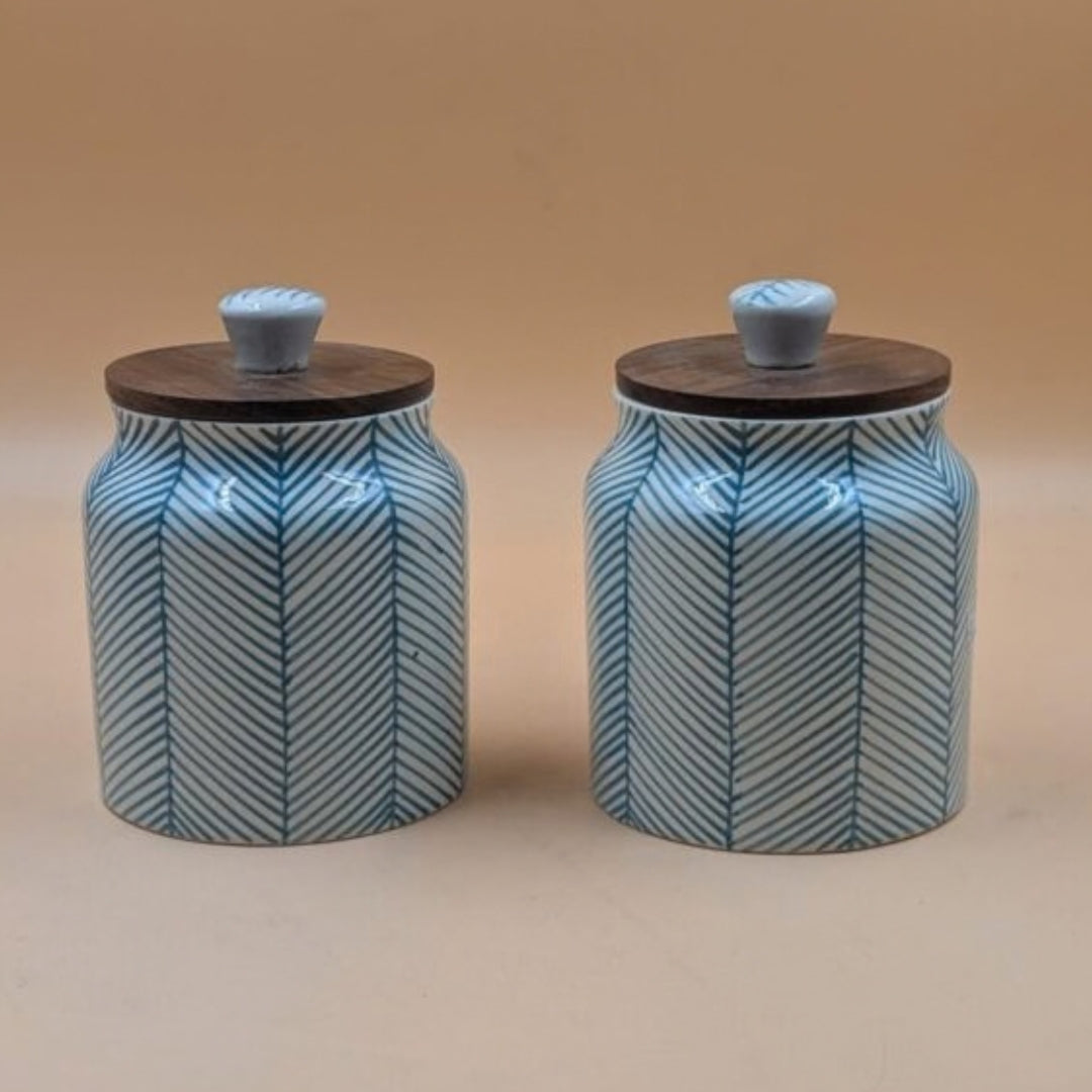 Airtight Jars with Wooden Lid - Turquoise Lines Herringbone Pattern
