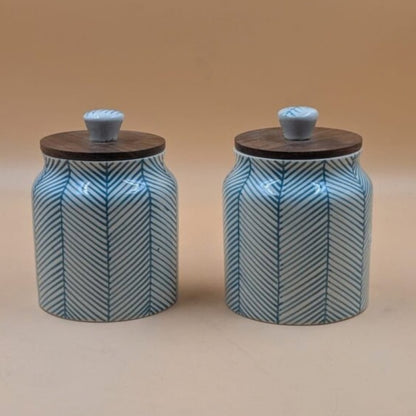 Airtight Jars with Wooden Lid - Turquoise Lines Herringbone Pattern