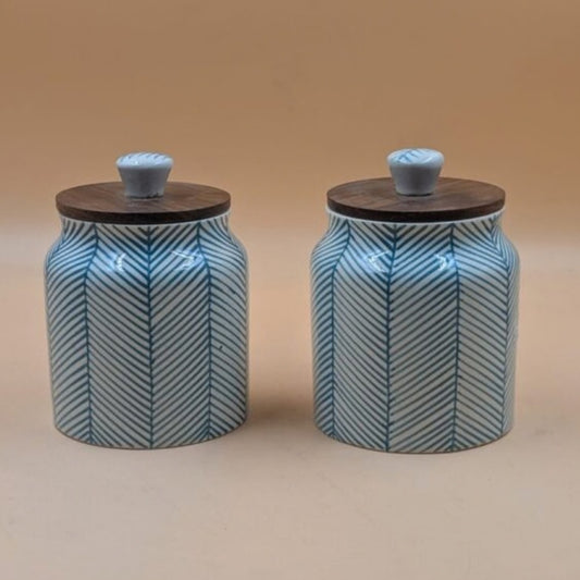 Airtight Jars with Wooden Lid - Turquoise Lines Herringbone Pattern