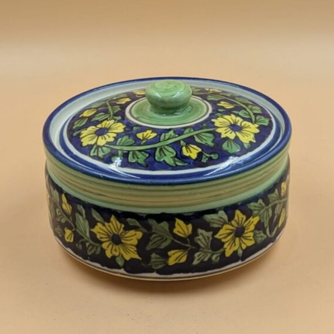 Casserole Serving Bowl with Lid - Yellow Floral Blue Pottery