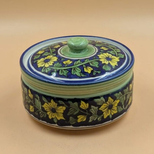 Casserole Serving Bowl with Lid - Yellow Floral Blue Pottery