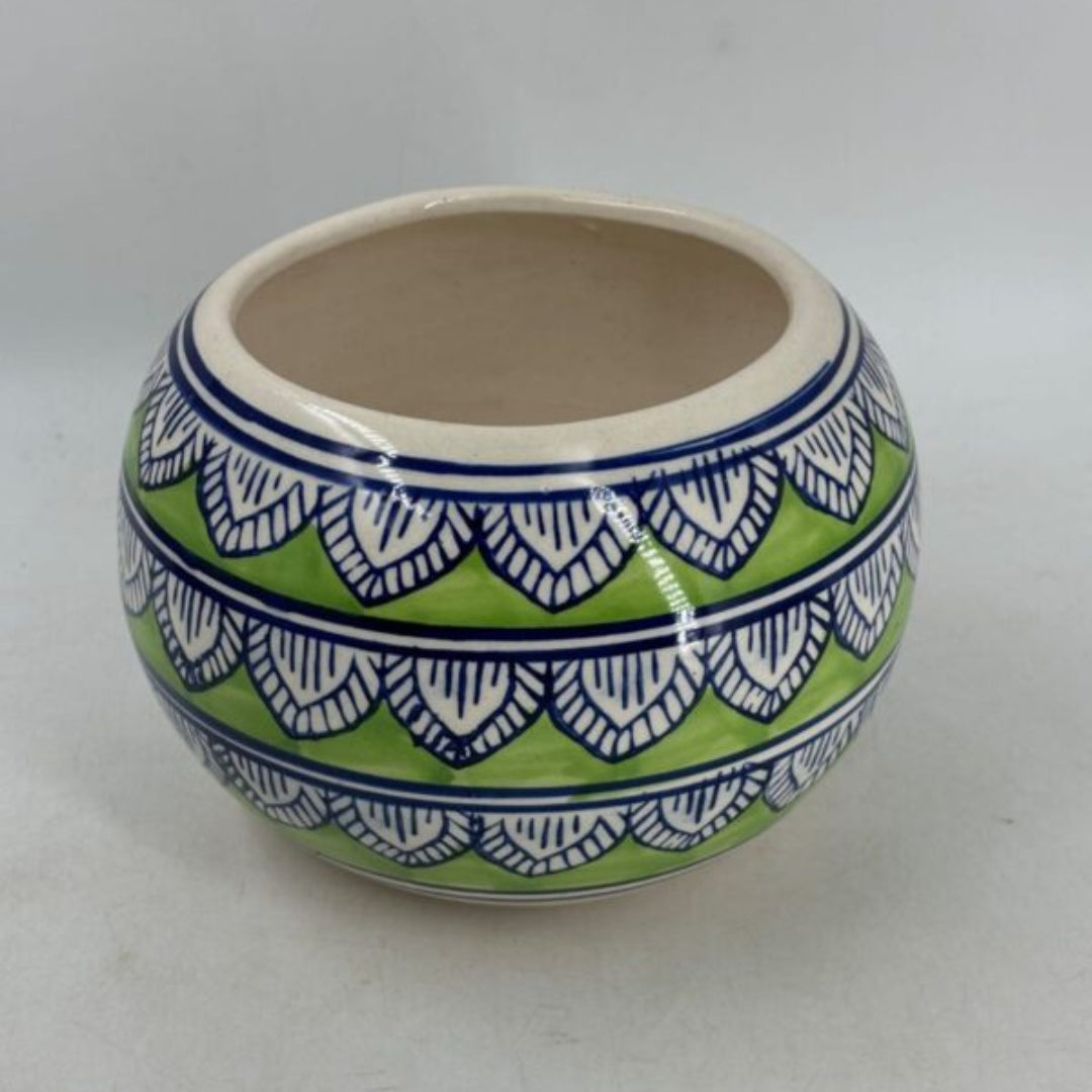 Planter - Round Lime Green & Cobalt Blue Bowl Pot with Scalloped Petal Moti
