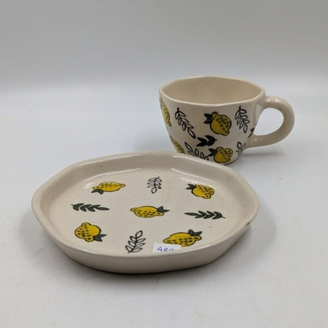 Ceramic Cup & Plate Set - Lemon Print