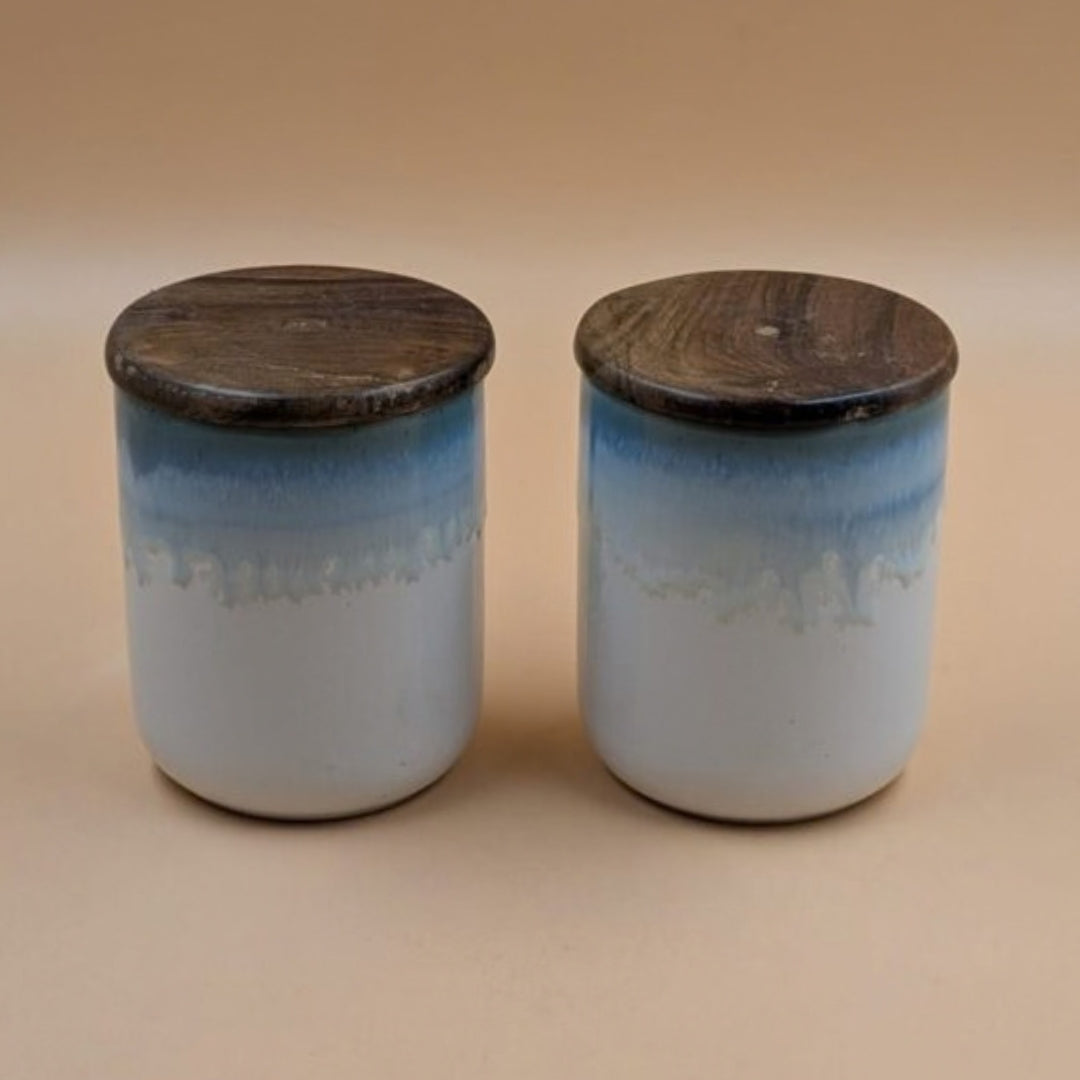 Airtight Jars with Wooden Lid - Dual Tone Blue Ombre & White Glaze