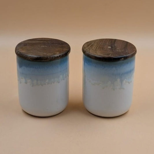 Airtight Jars with Wooden Lid - Dual Tone Blue Ombre & White Glaze