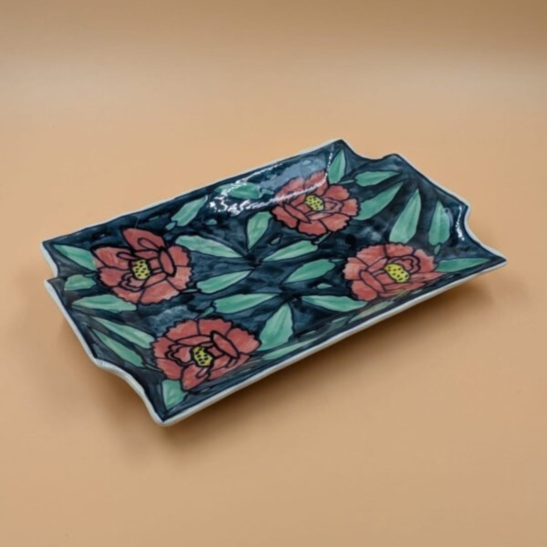 Platter - Rectangular Floral Lotus Pink & Green Design
