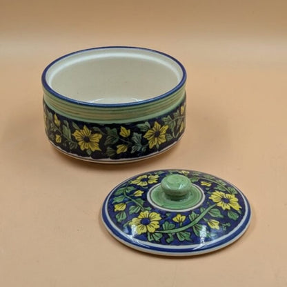 Casserole Serving Bowl with Lid - Yellow Floral Blue Pottery