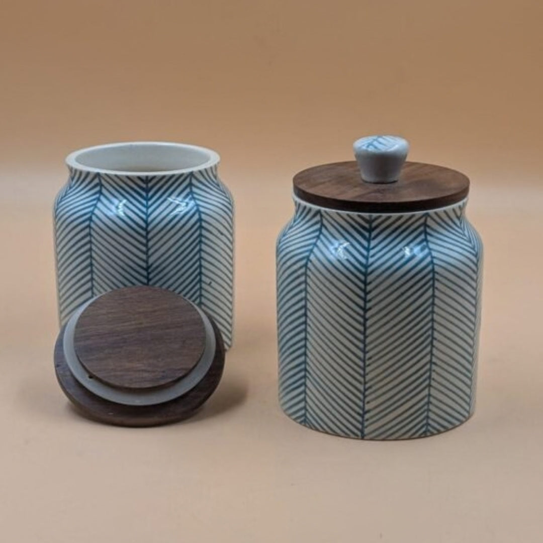 Airtight Jars with Wooden Lid - Turquoise Lines Herringbone Pattern