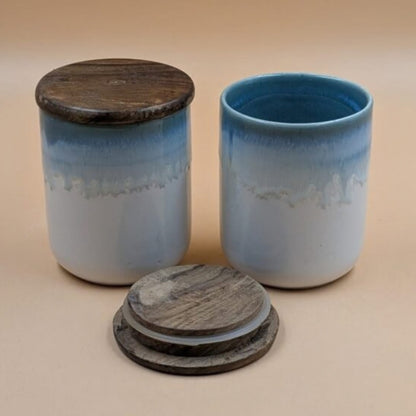 Airtight Jars with Wooden Lid - Dual Tone Blue Ombre & White Glaze