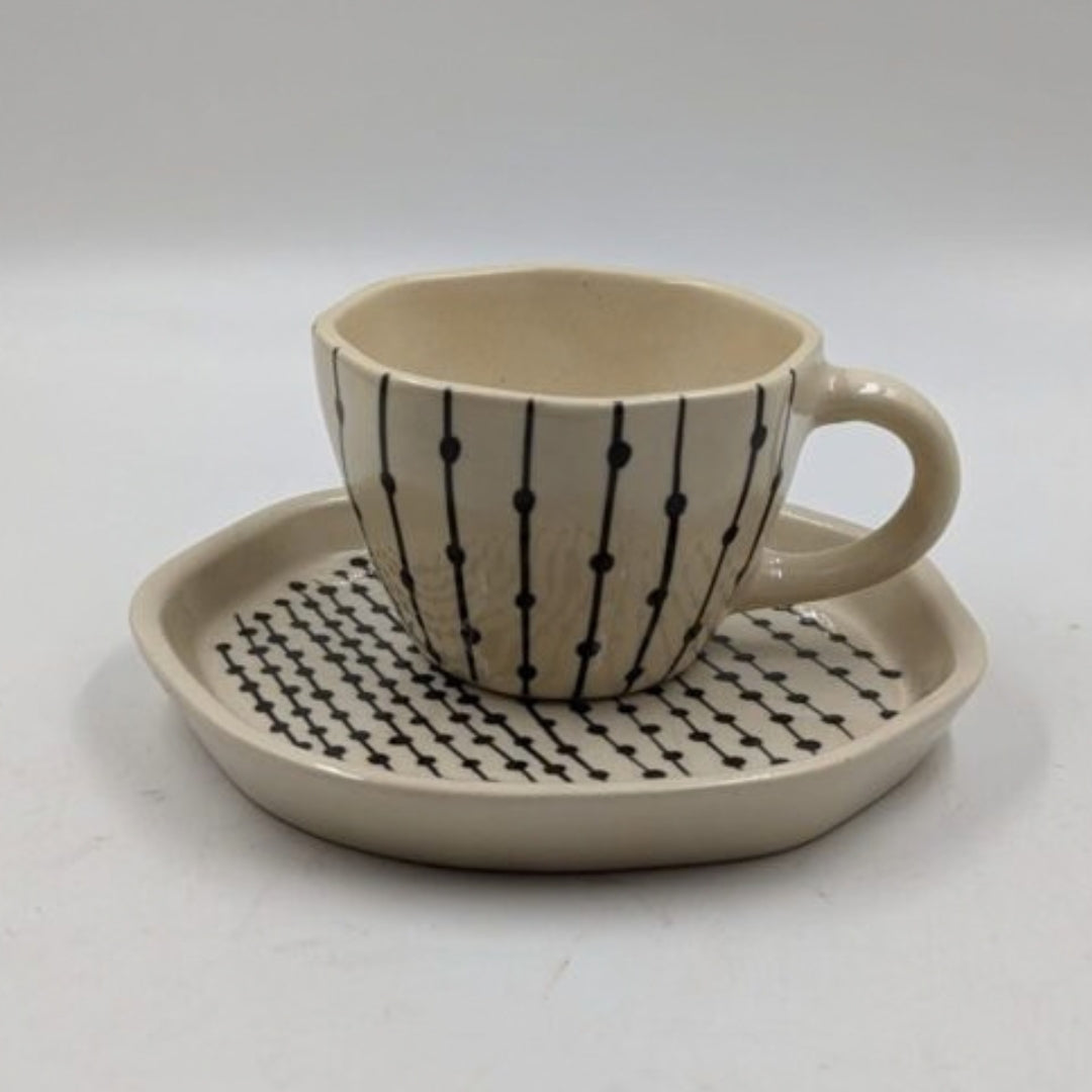 Ceramic Cup & Plate Set - Black Dotted Lines