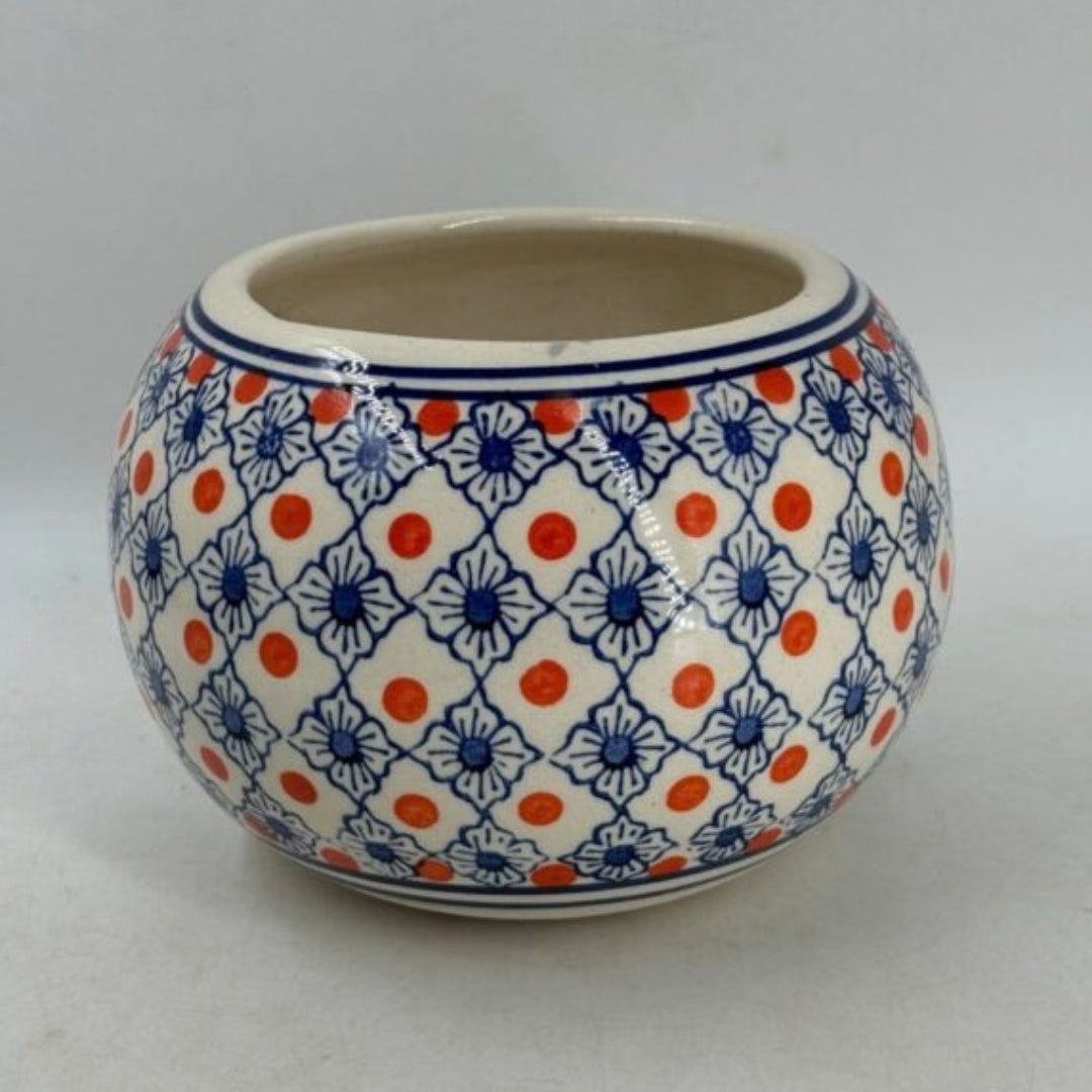Planter - Round Cream Bowl Pot with Orange Polka Dots & Blue Floral