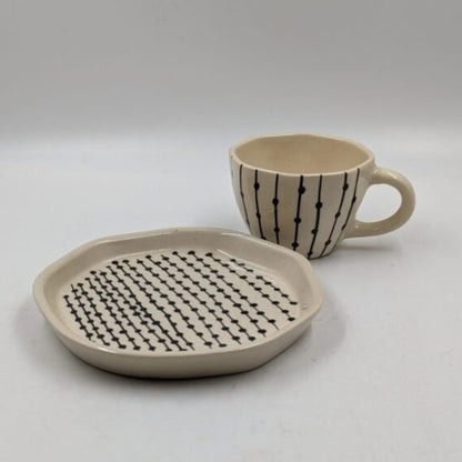 Ceramic Cup & Plate Set - Black Dotted Lines