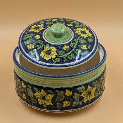 Casserole Serving Bowl with Lid - Yellow Floral Blue Pottery