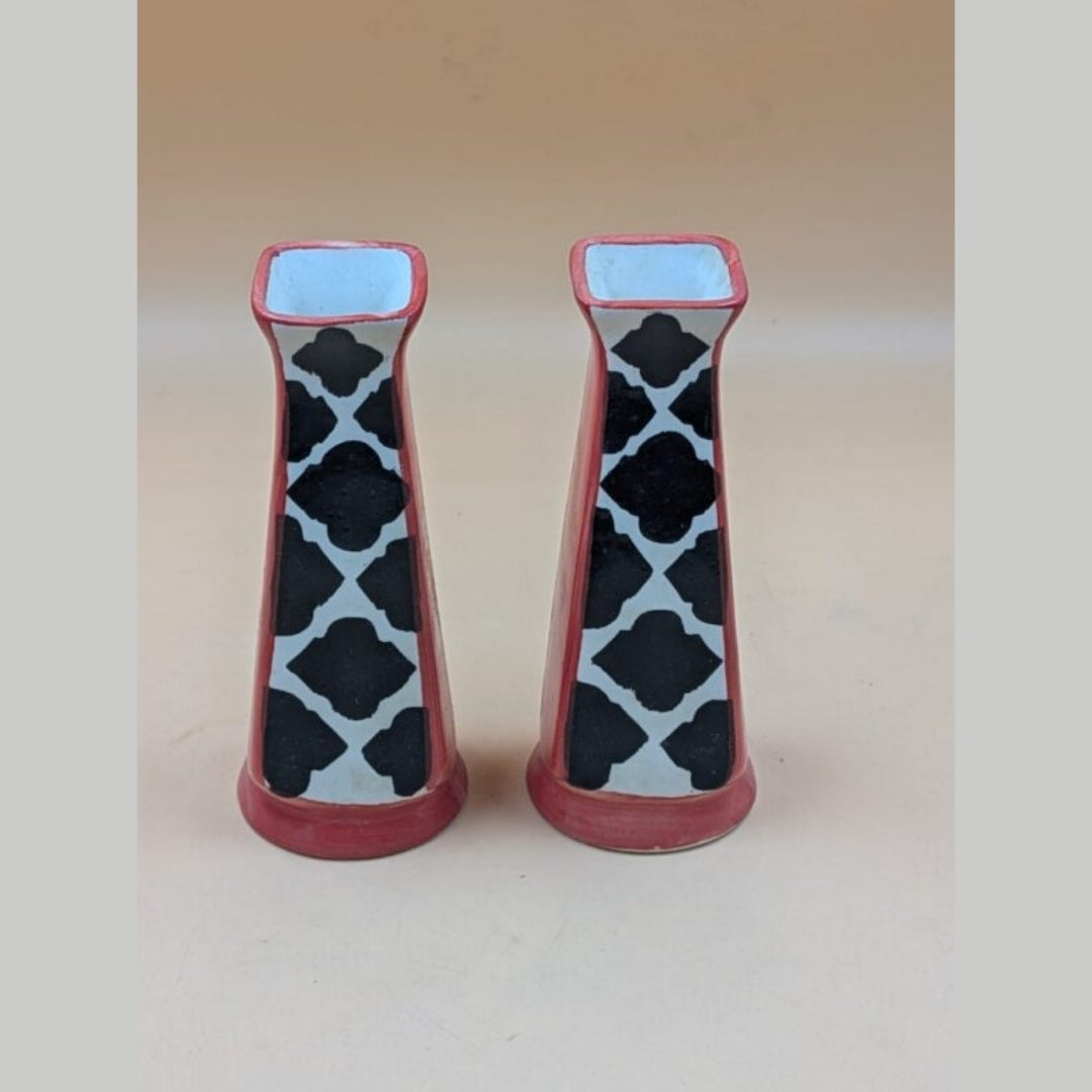 Flower Vase - Set of 2 Slim Moroccan Trellis Bud Vases (Peach & Black)